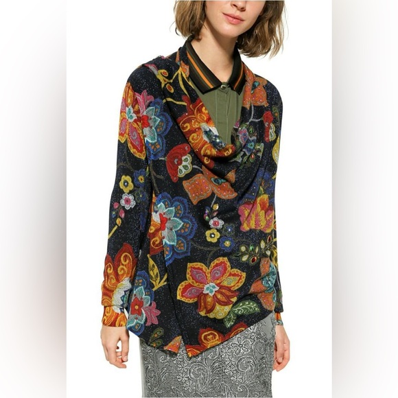 Desigual Celia Floral Knitted Zip Cardigan Jacket Women’s Size XL - Picture 2 of 6